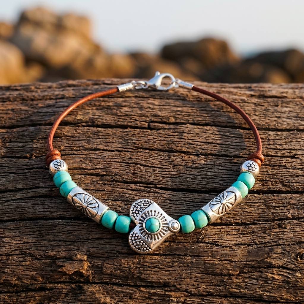 Boho Silver Turquoise Concho Leather Bracelet