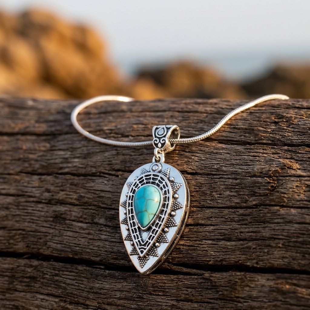 Boho Silver Turquoise Teardrop Necklace