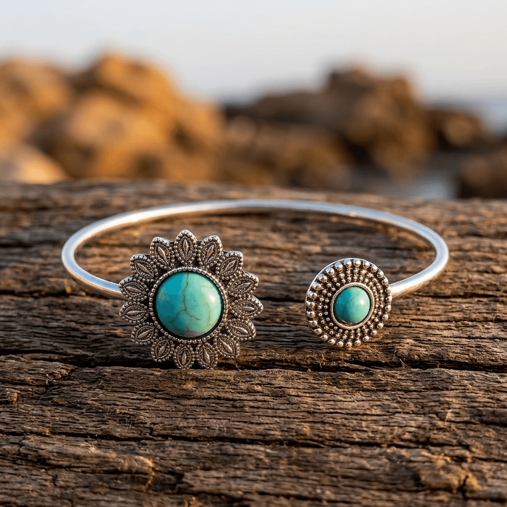Retro Silver Turquoise Flower Open Bracelet
