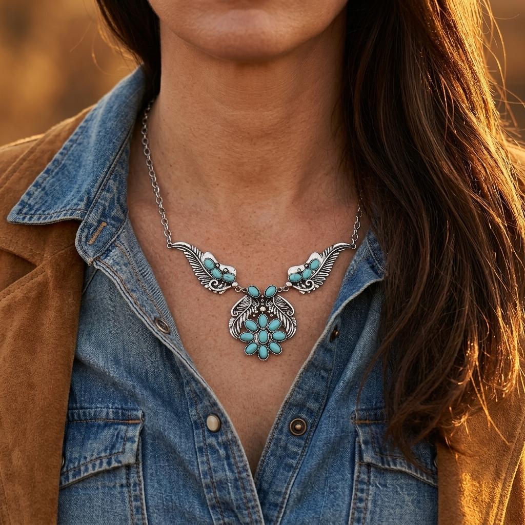 Bohemian Silver Turquoise Filigree Wing Necklace