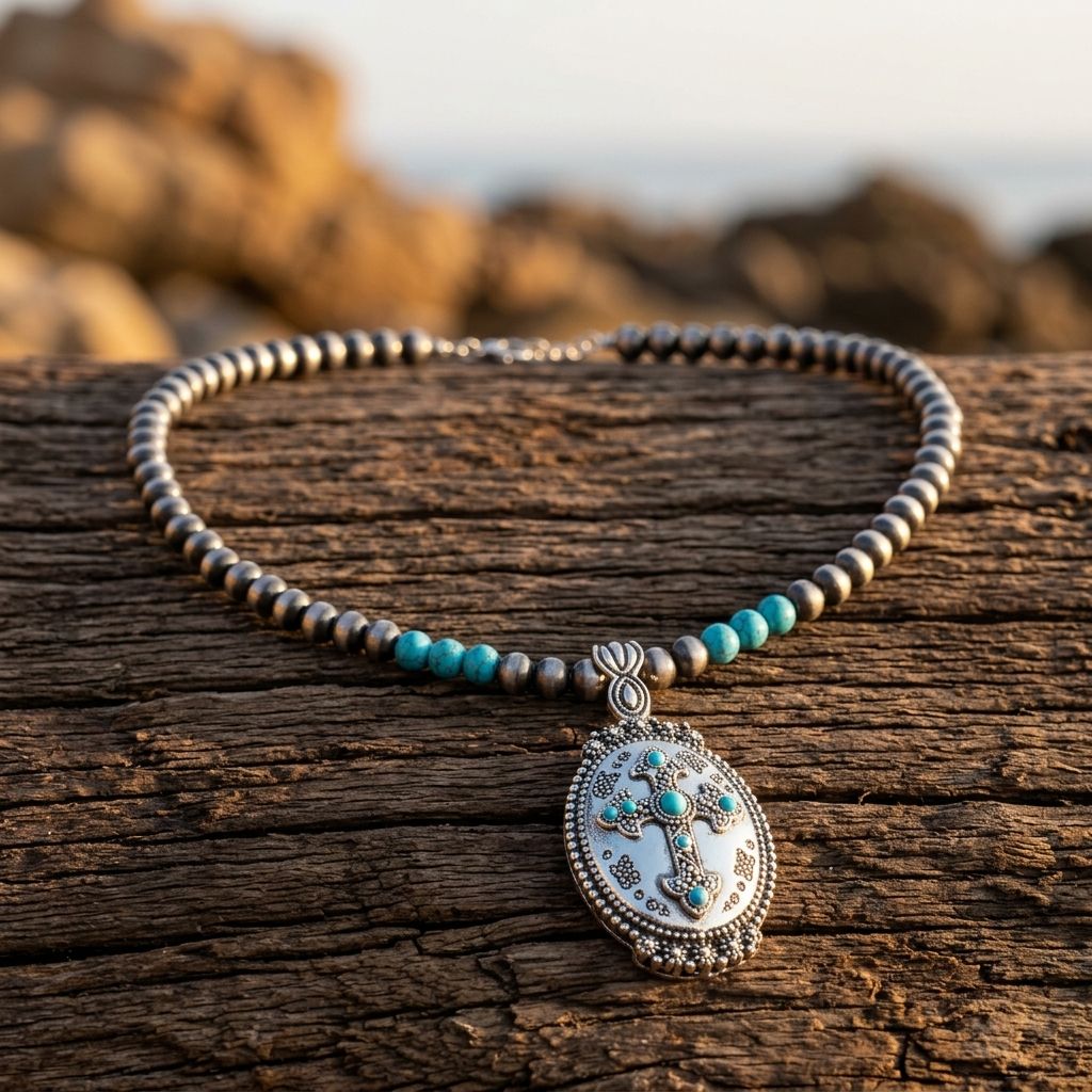 Boho Silver Turquoise Cross Pendant Necklace