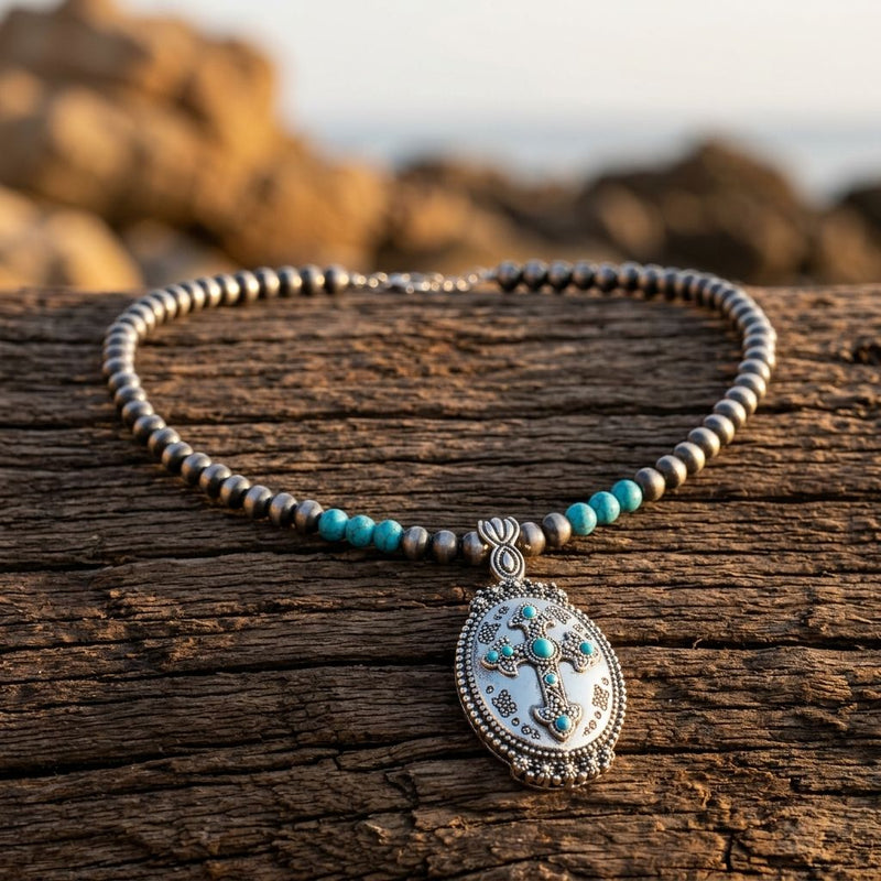 Boho Silver Turquoise Cross Pendant Necklace