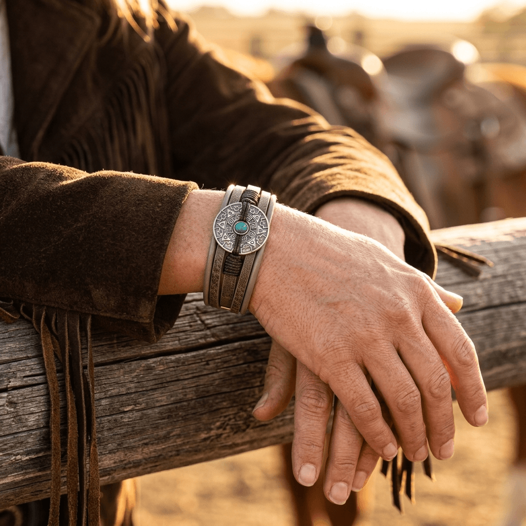 Ethnic Style Tan Leather Medallion Bracelet