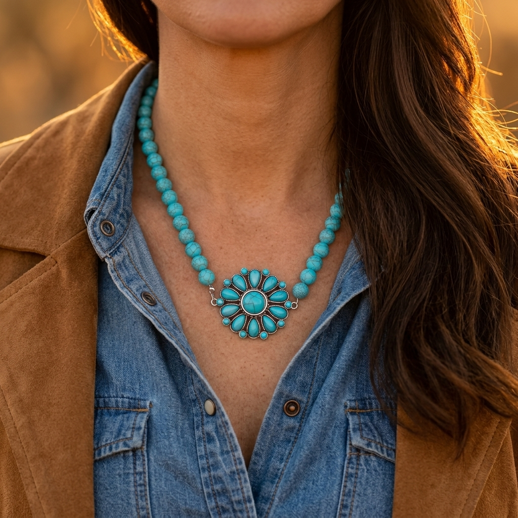Turquoise Silver Flower Beaded Pendant Necklace