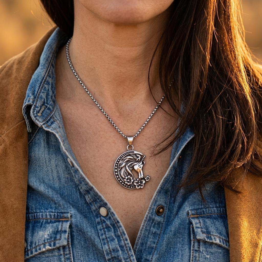 Vintage Silver Horse Floral Oval Necklace