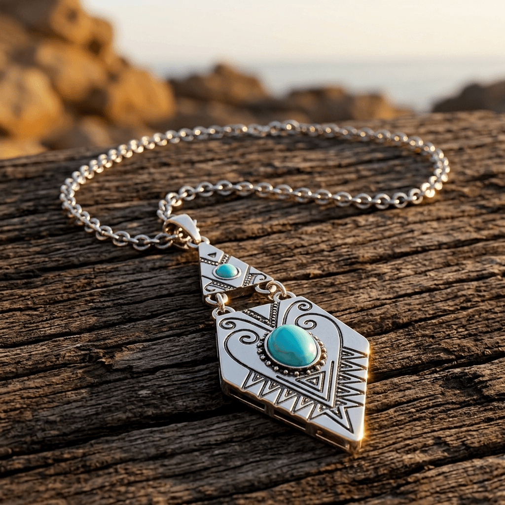 Bohemian Silver Geometric Turquoise Pendant Necklace