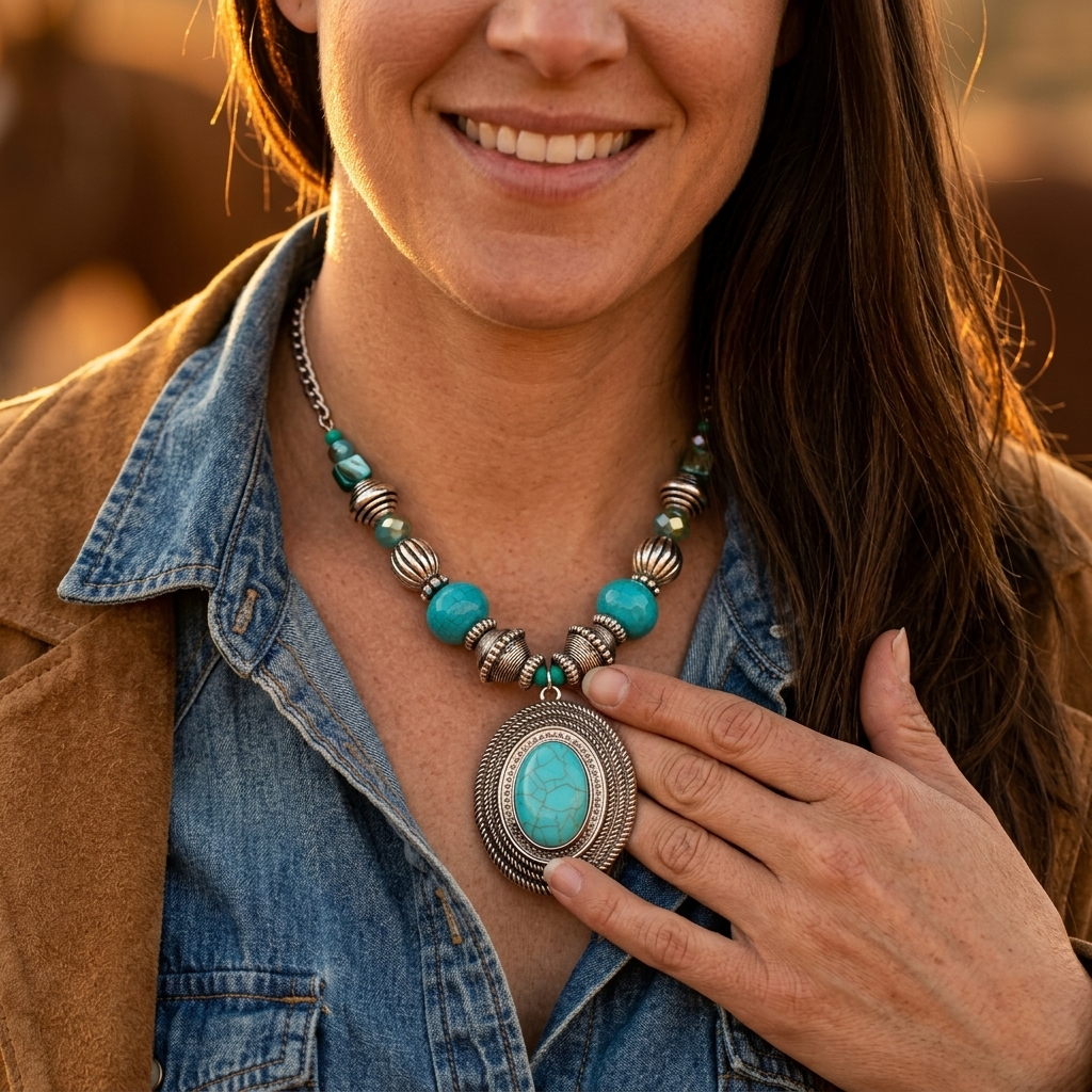 Bohemian Turquoise Oval Pendant Silver Necklace