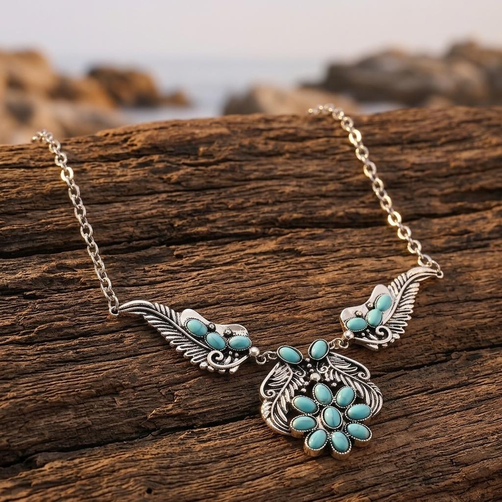 Bohemian Silver Turquoise Filigree Wing Necklace