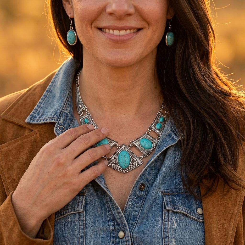 Boho Silver Turquoise Pattern Jewelry Set