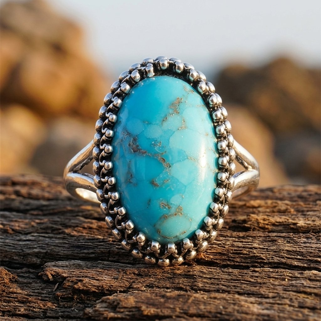 Vintage Silver Turquoise Beaded Oval Ring