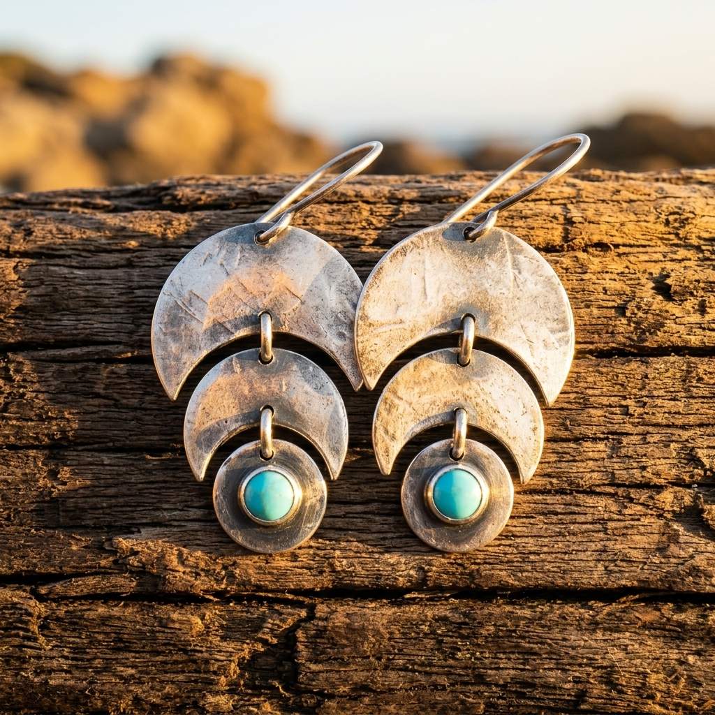 Boho Hammered Silver Turquoise Moon Earrings