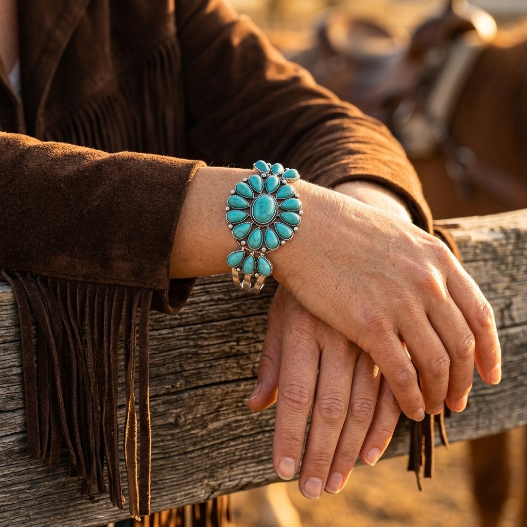 Bohemian Silver Turquoise Floral Bracelet