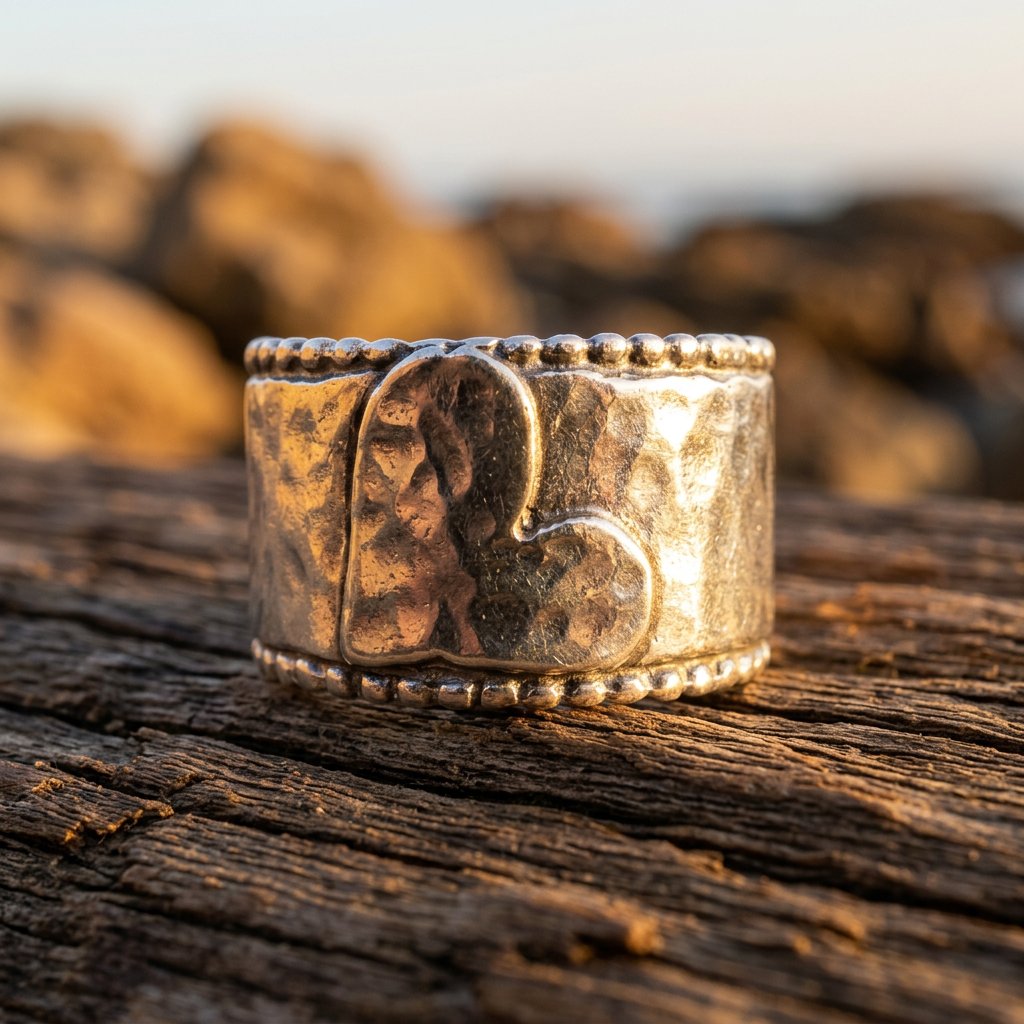 Hammered Silver Beaded Edge Wide Band Ring