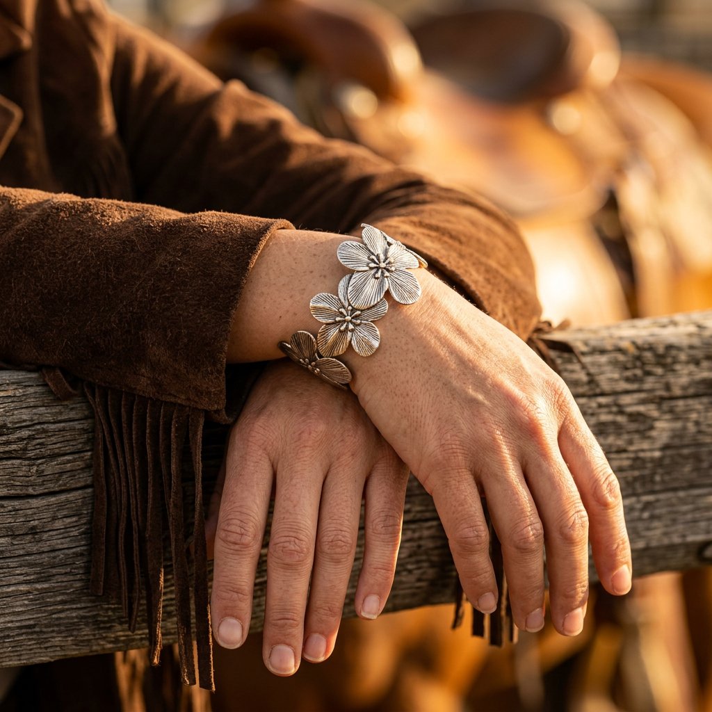 Boho Oxidized Silver Textured Flower Bracelet