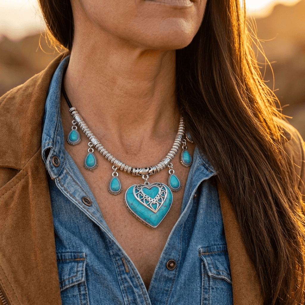 Western Silver Turquoise Carved Heart Necklace