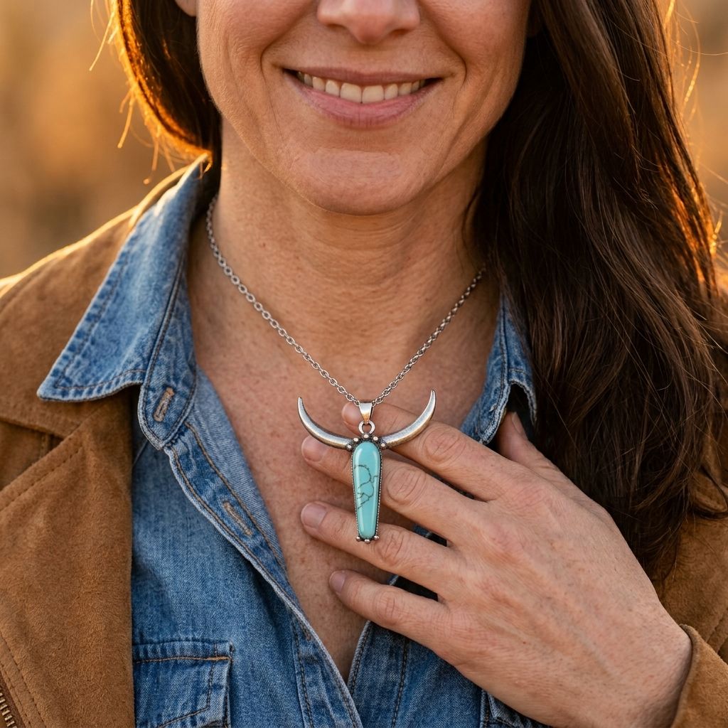 Boho Silver Turquoise Bull Horn Necklace