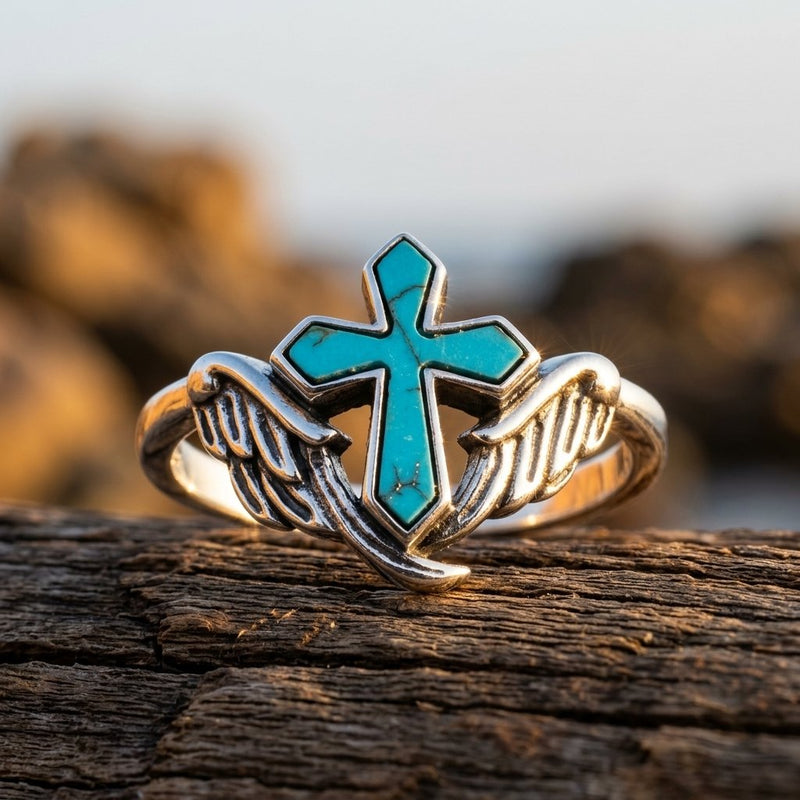 Vintage Silver Turquoise Cross Wing Ring