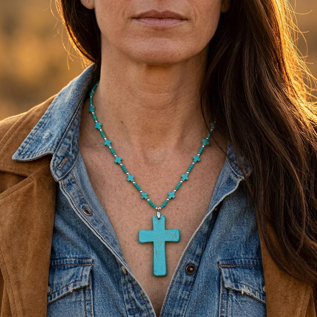 Bohemian Turquoise Beaded Cross Pendant Necklace
