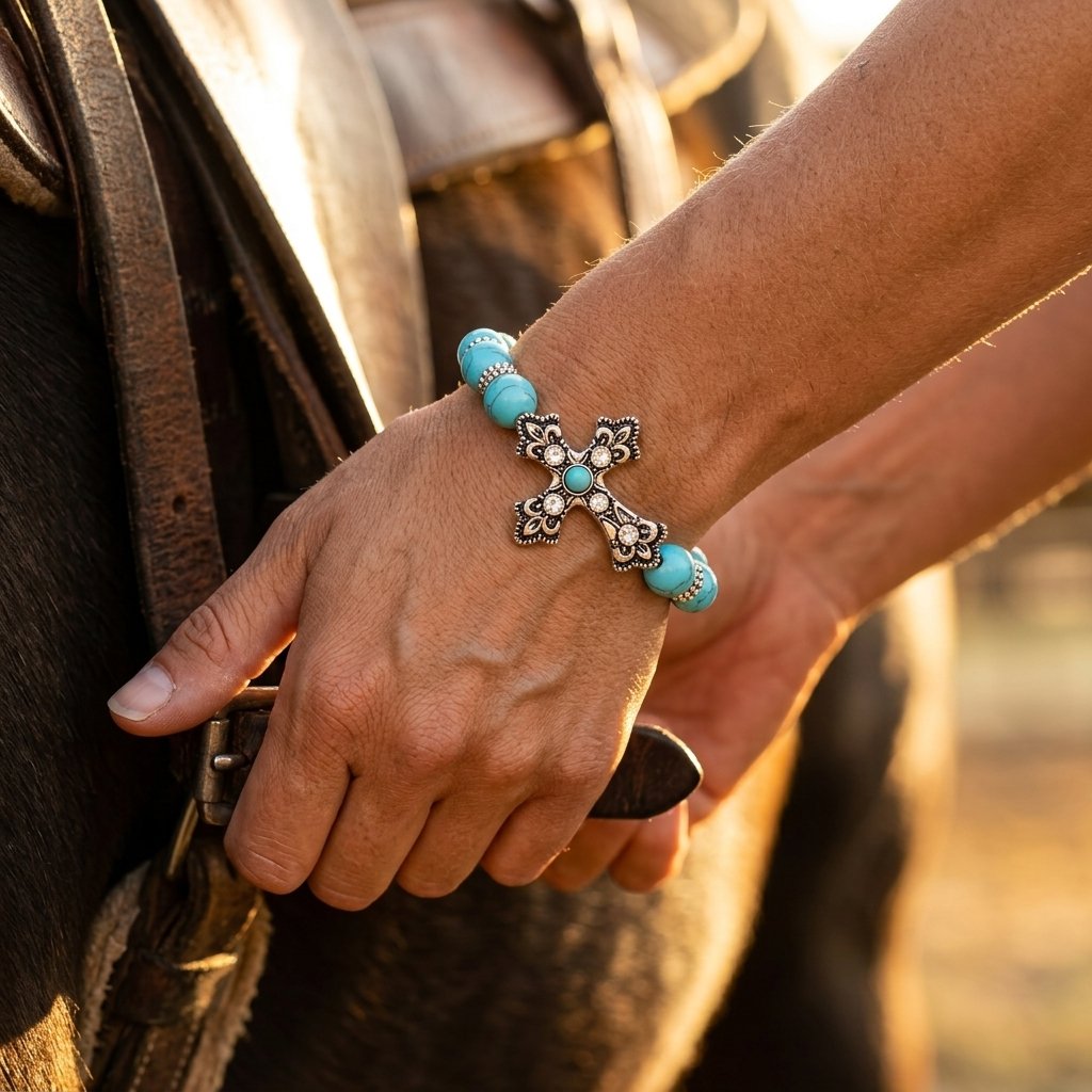 Western Silver Turquoise Filigree Cross Bracelet