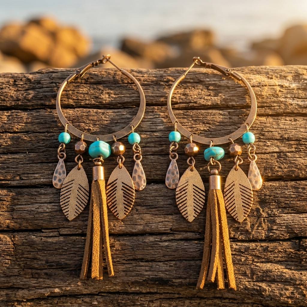 Bohemian Bronze Hoop Tassel Dangle Earrings