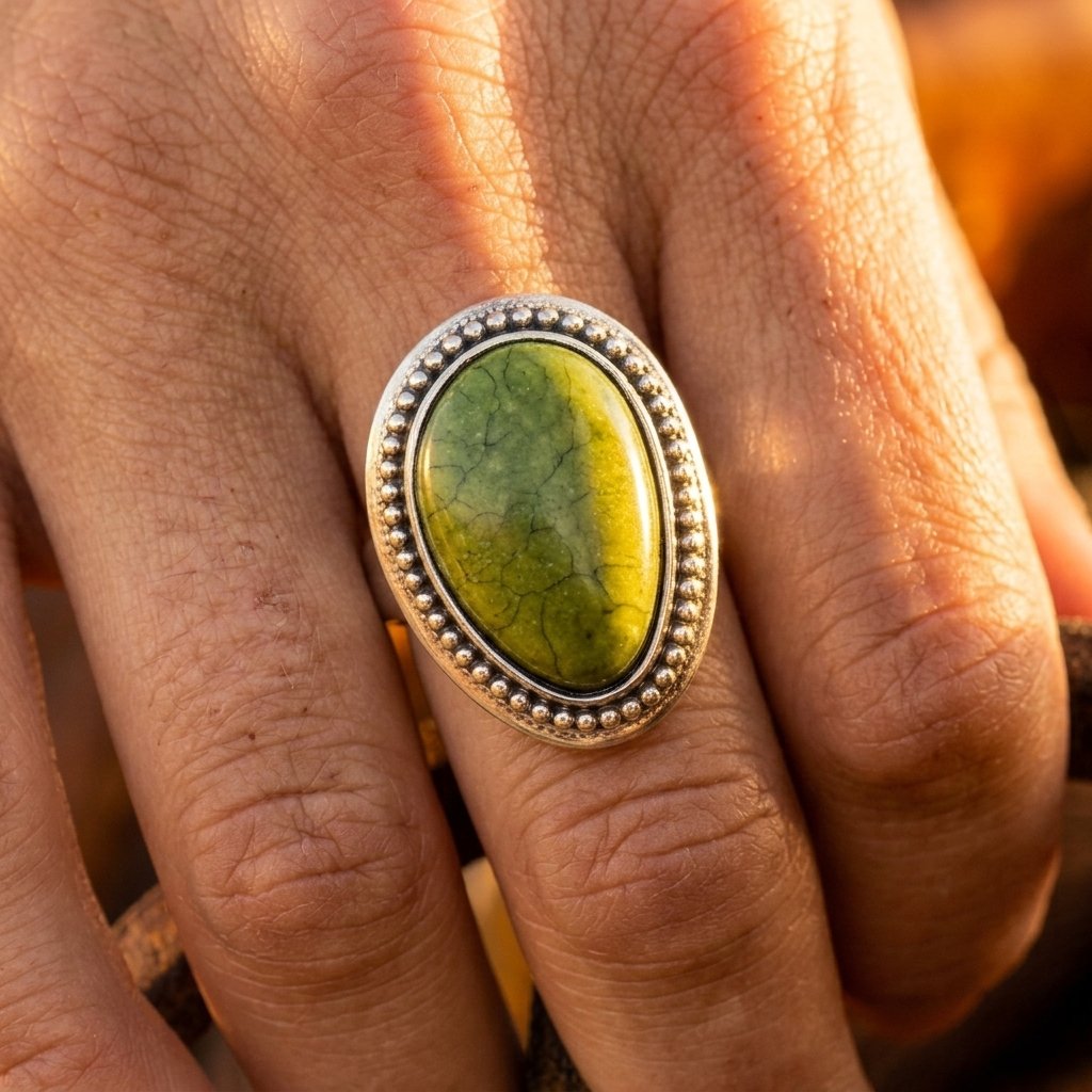 Vintage Silver Green Resin Oval Ring
