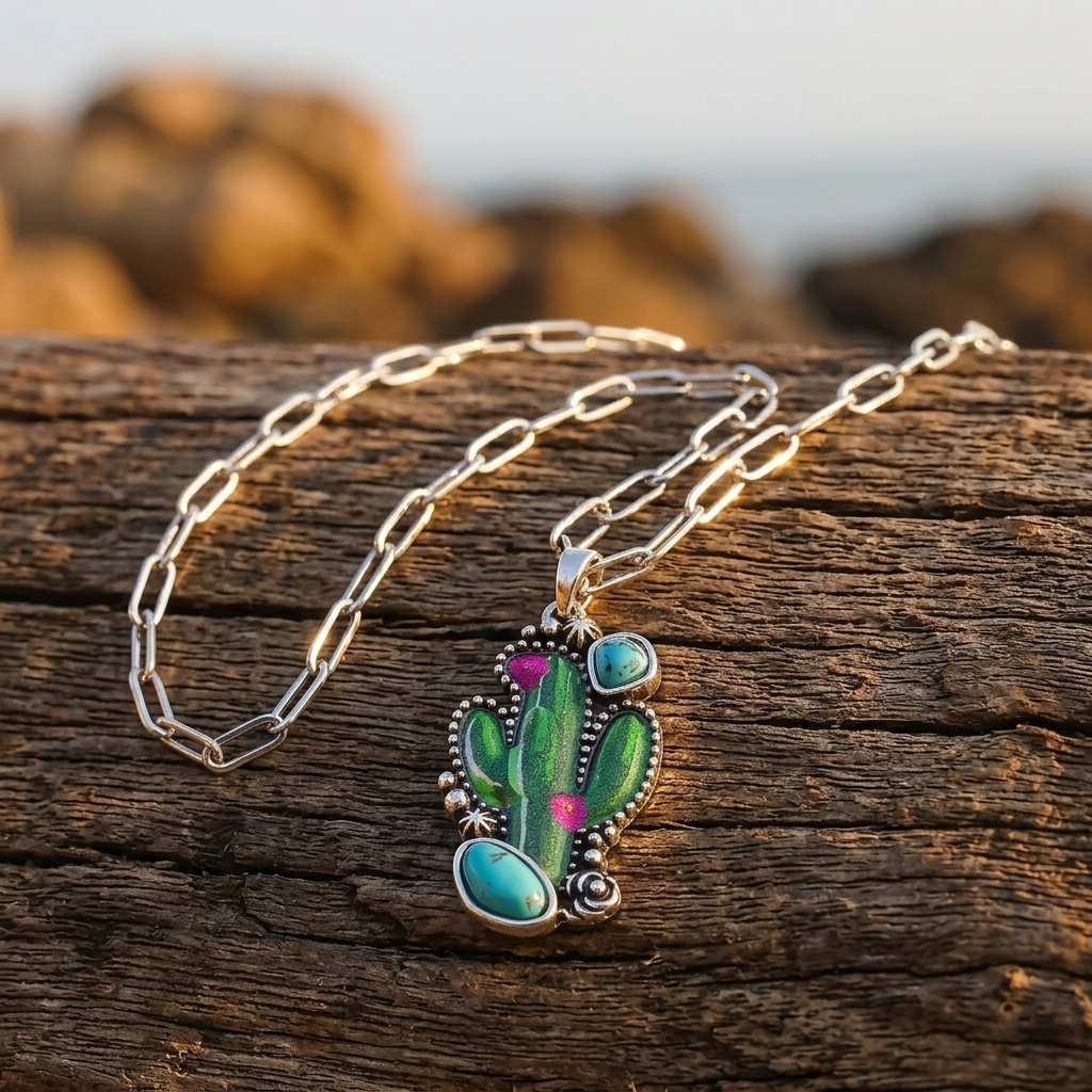 Boho Silver Cactus Turquoise Necklace