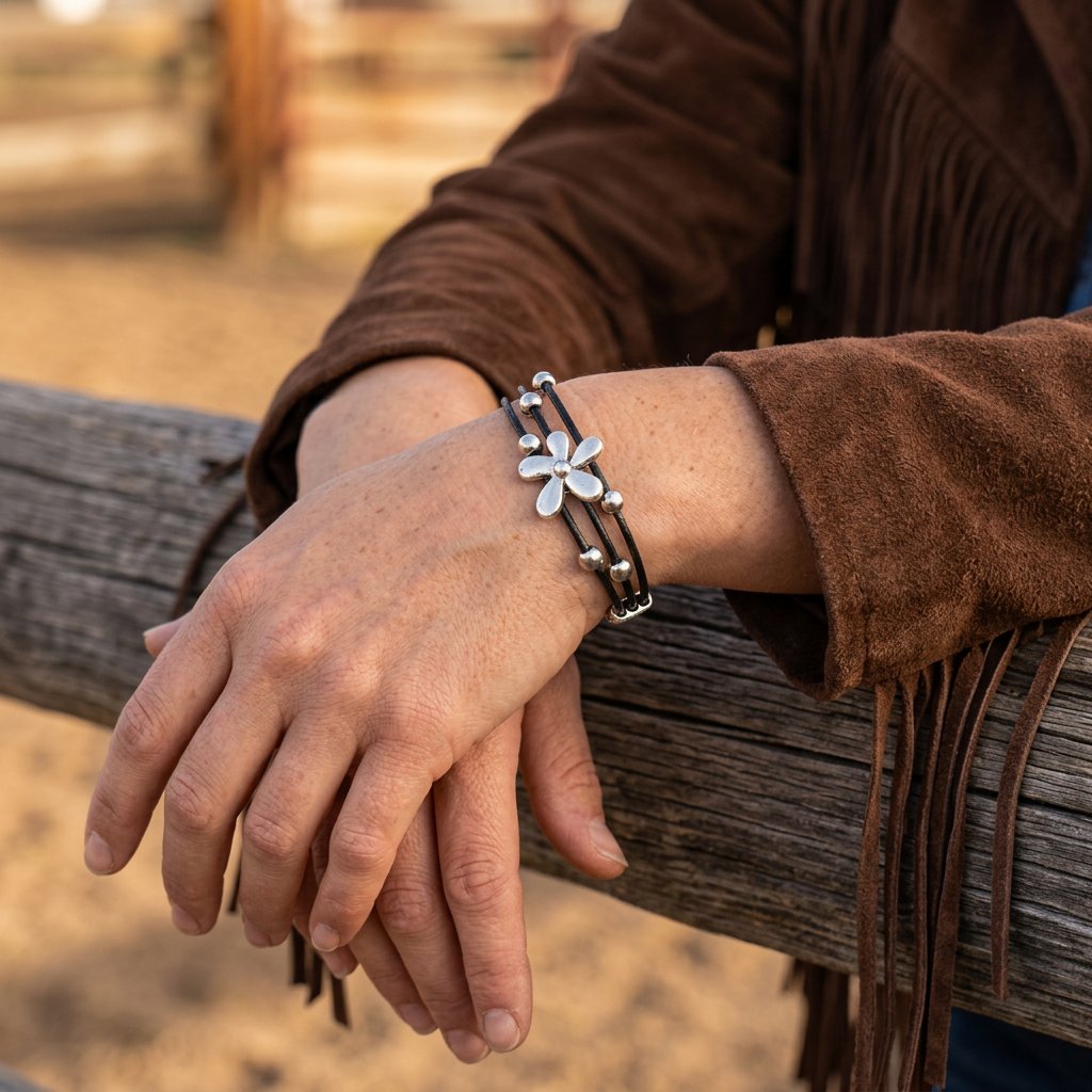 Boho Silver Flower Charm Cord Bracelet