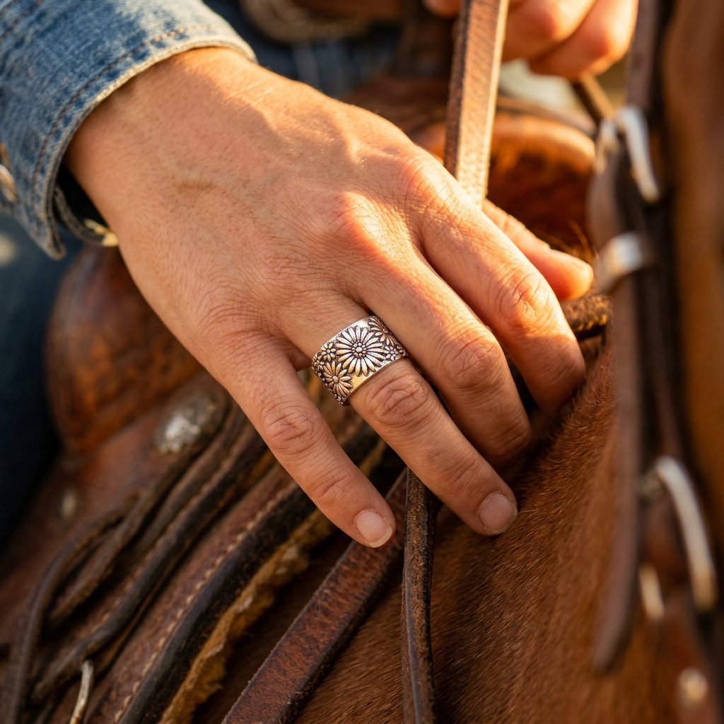 Vintage Silver Embossed Daisy Floral Ring