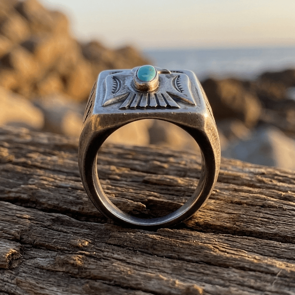 Retro Turquoise Square Bird Pattern Ring