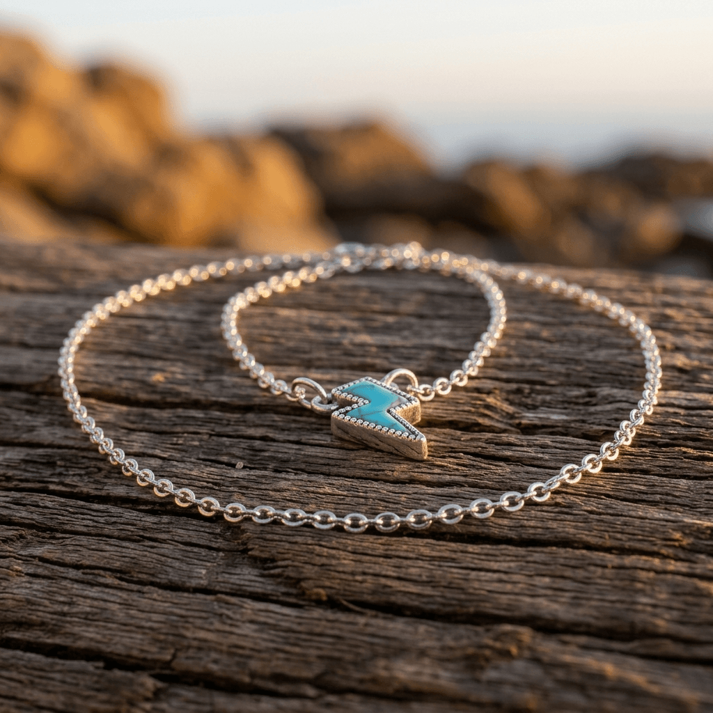 Blue Lightning Bolt Silver Necklace