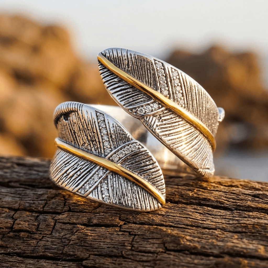 Feather Golden Silver Adjustable Opening Ring