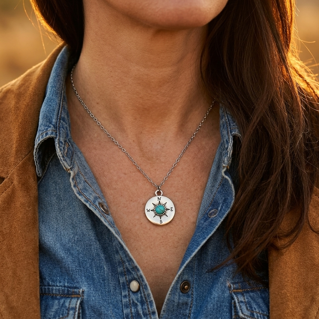 Compass Turquoise Silver Pendant Necklace