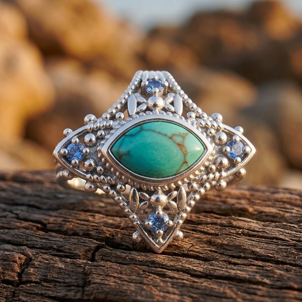 Boho Silver Turquoise Filigree Ring