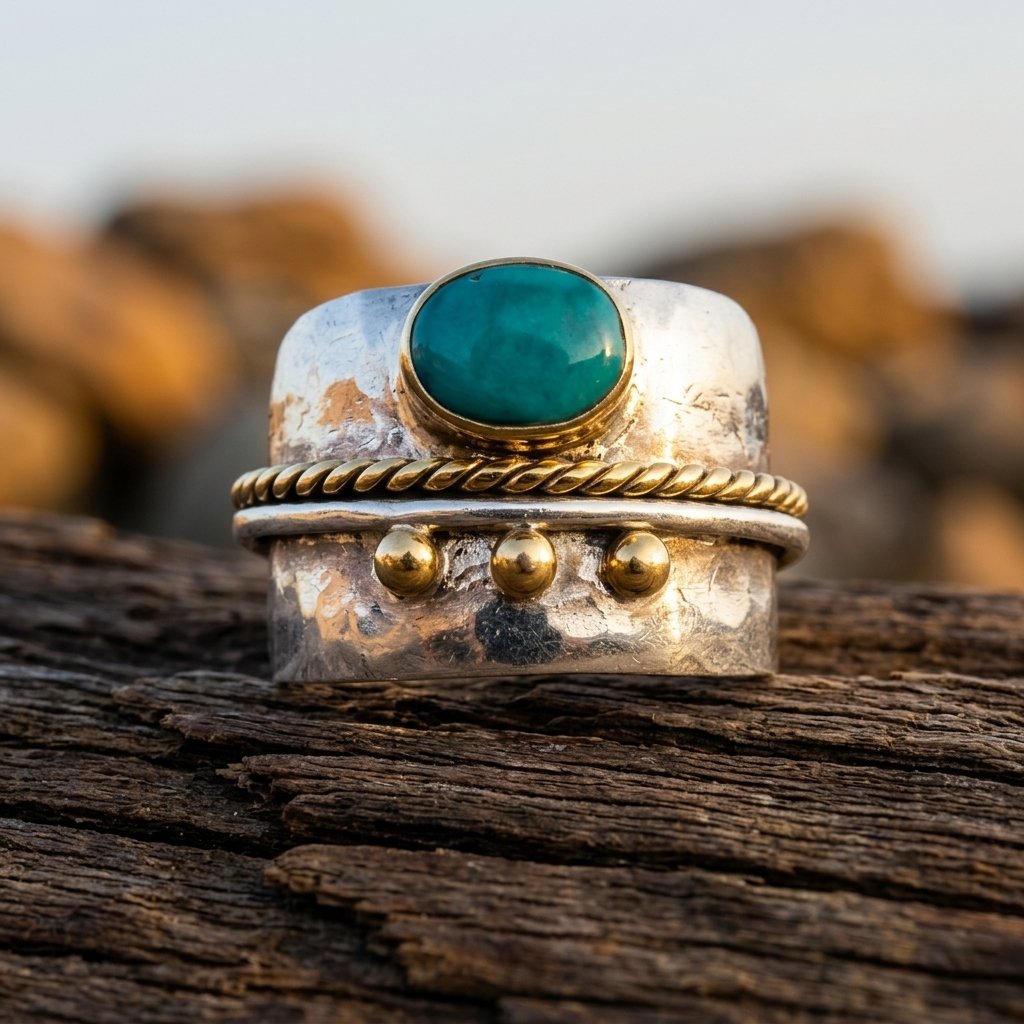 Boho Two Tone Hammered Turquoise Oval Ring