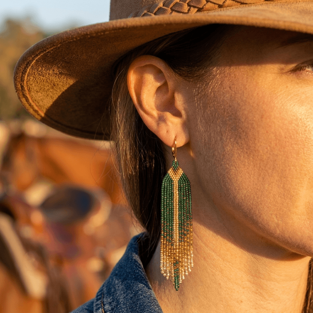 Bohemian Green Beaded Tassel Earrings