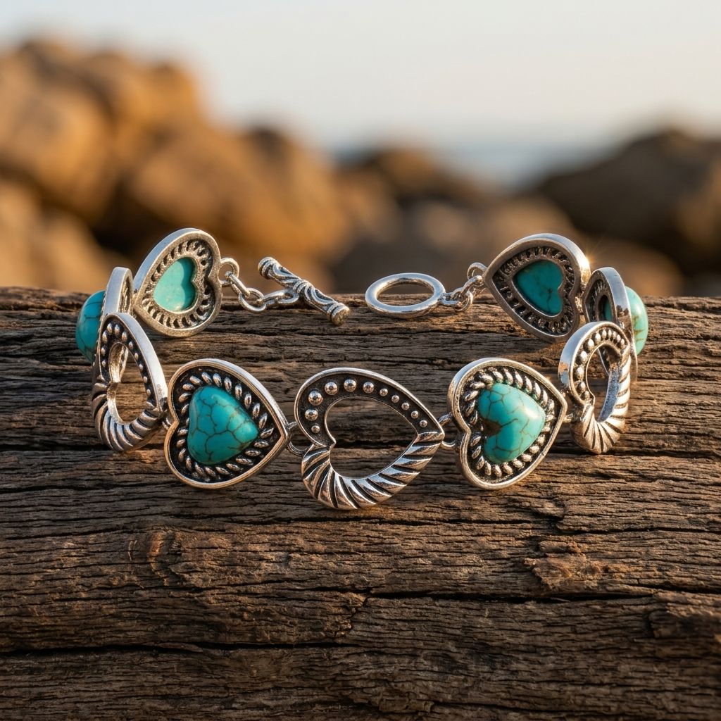 Boho Silver Turquoise Heart Filigree Bracelet