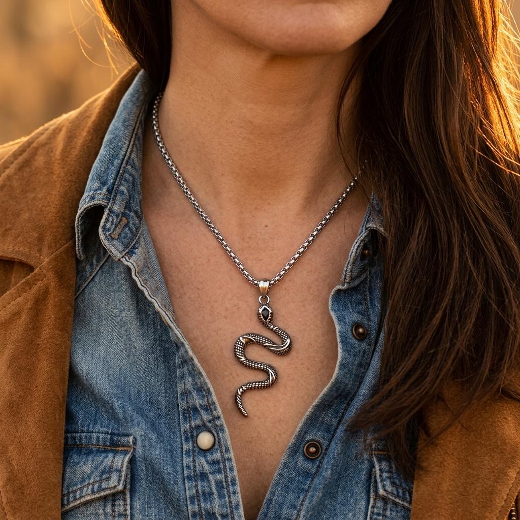Gothic Silver Snake Pendant Necklace
