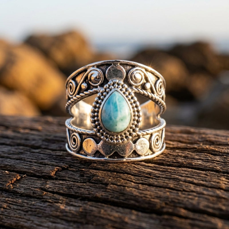 Boho Silver Turquoise Spiral Band Ring