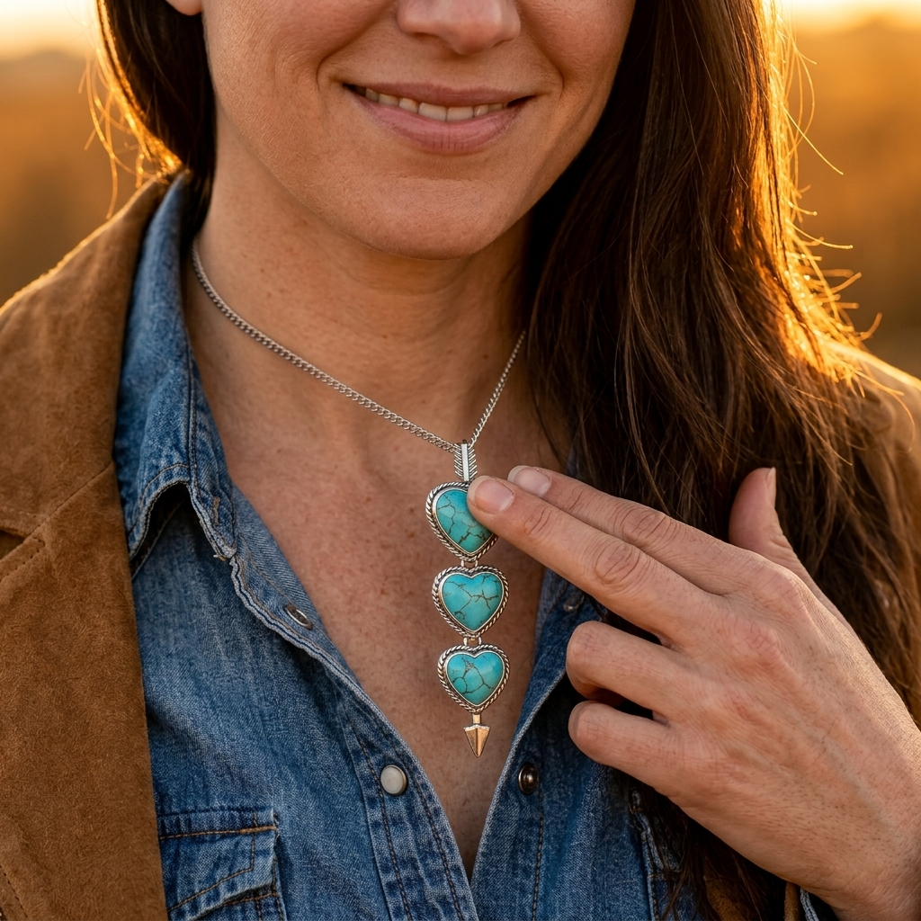 Western Style Silver Turquoise Heart Pendant Necklace