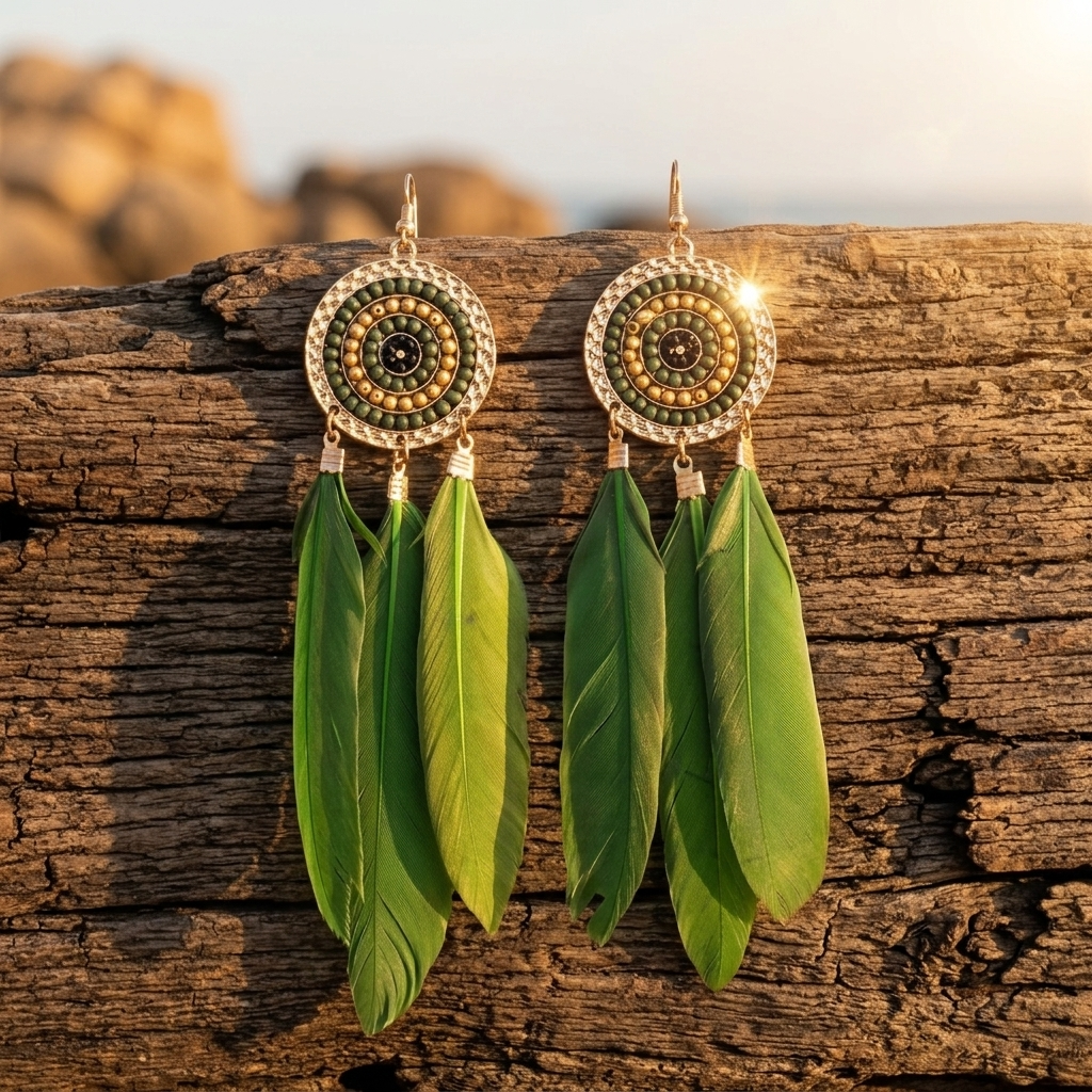 Bohemian Gold Green Feather Tassel Earrings