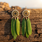 Bohemian Gold Green Feather Tassel Earrings