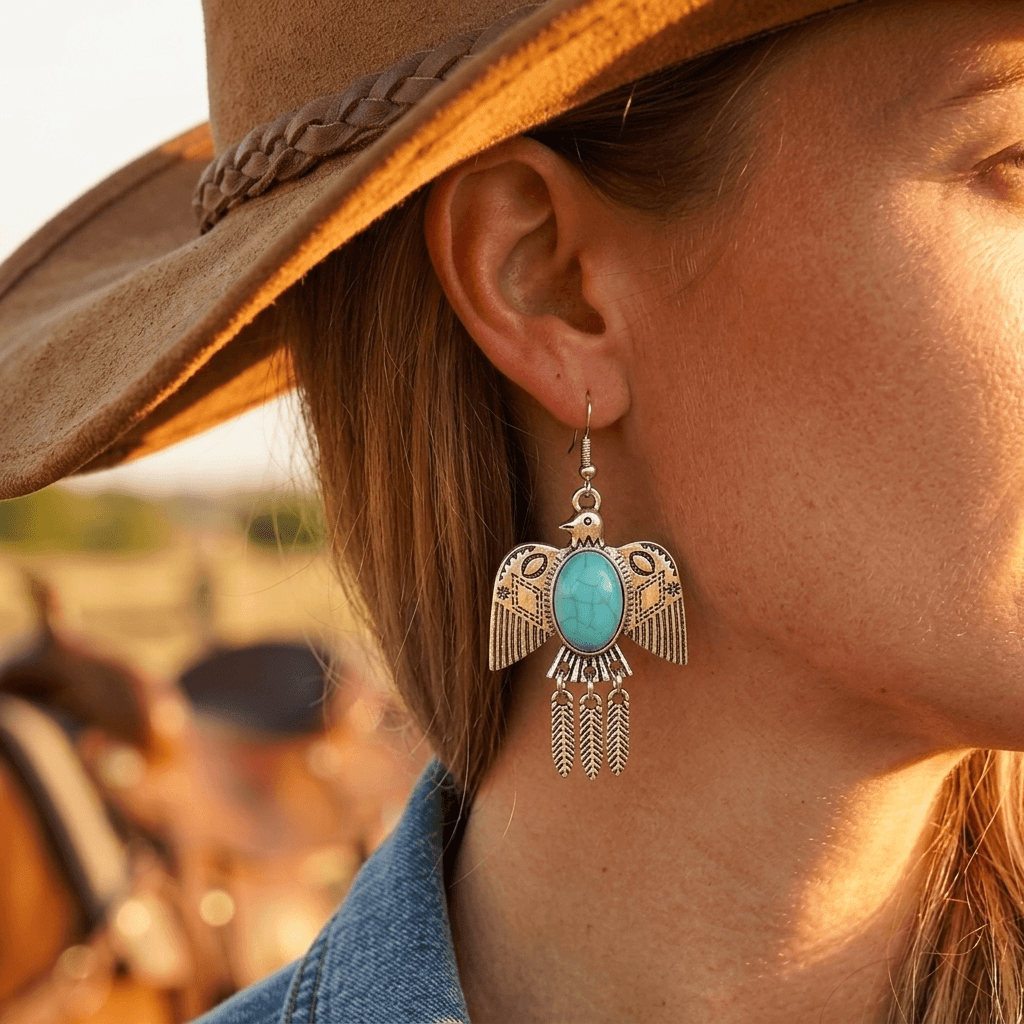 Vintage Silver Bird Feather Turquoise Dangle Earrings
