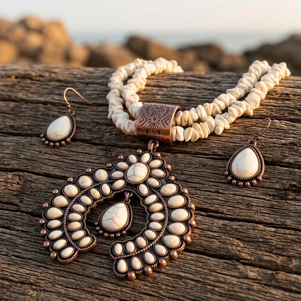 Boho Alloy Turquoise Inlay Necklace Earrings Set