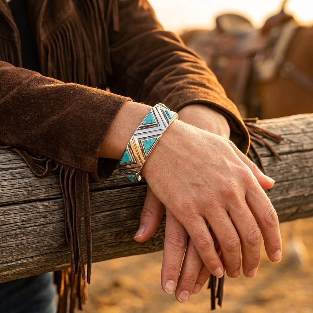 Bohemian Silver Turquoise Geometric Inlay Bracelet