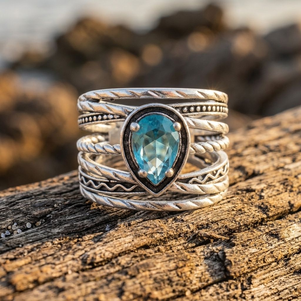 Boho Silver Synthetic Blue Oval Ring