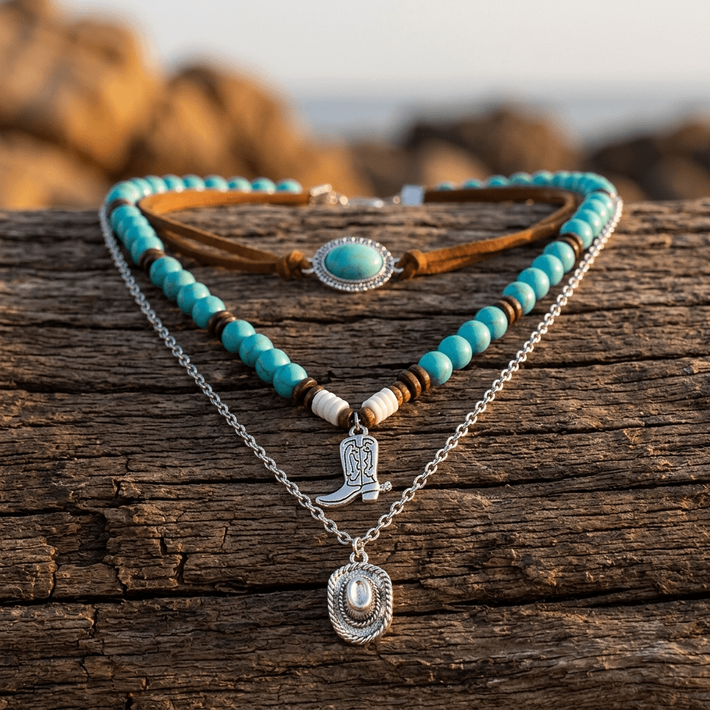 Vintage Western Turquoise Pendant Necklace Jewelry Set