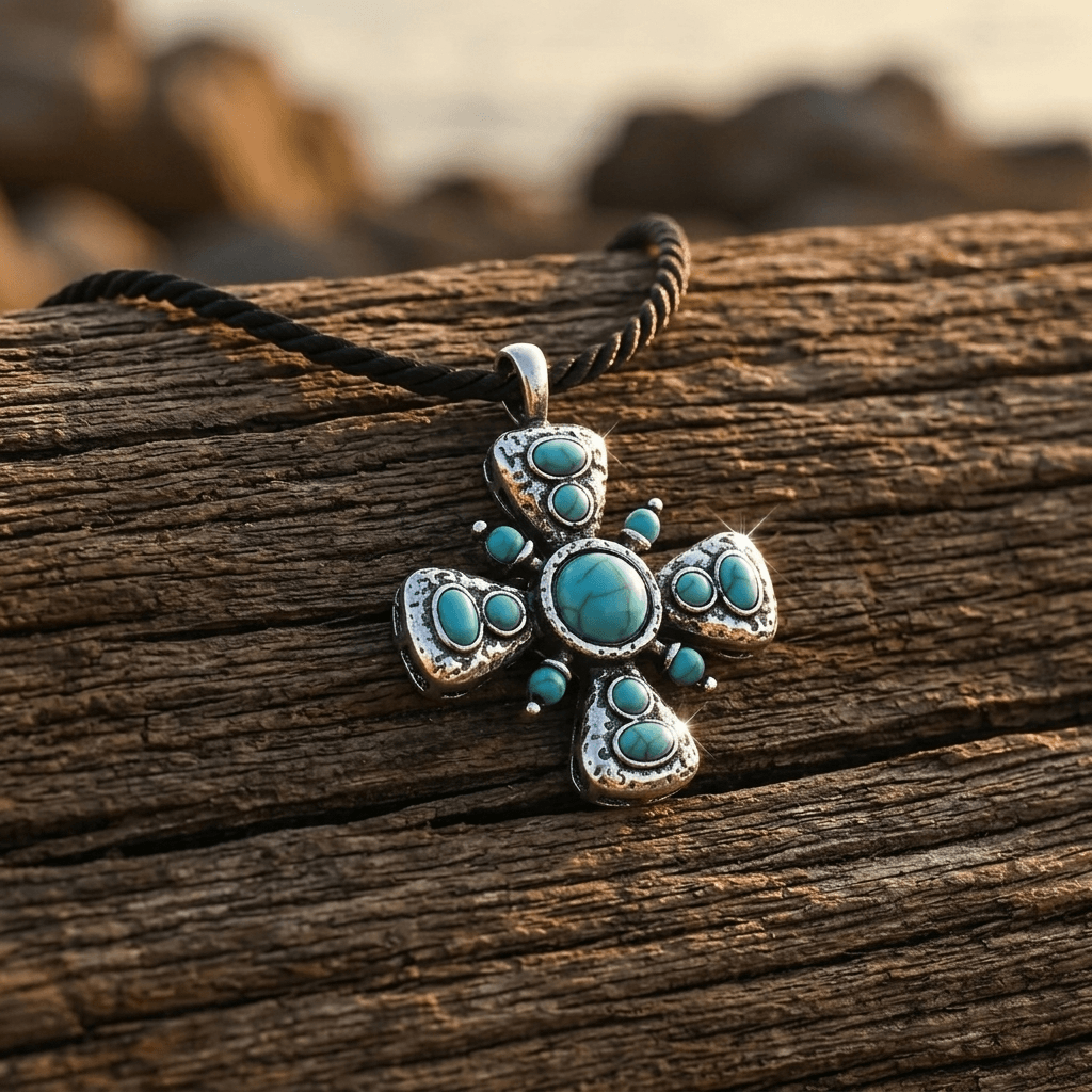 Vintage Bohemian Turquoise Cross Pendant Necklace