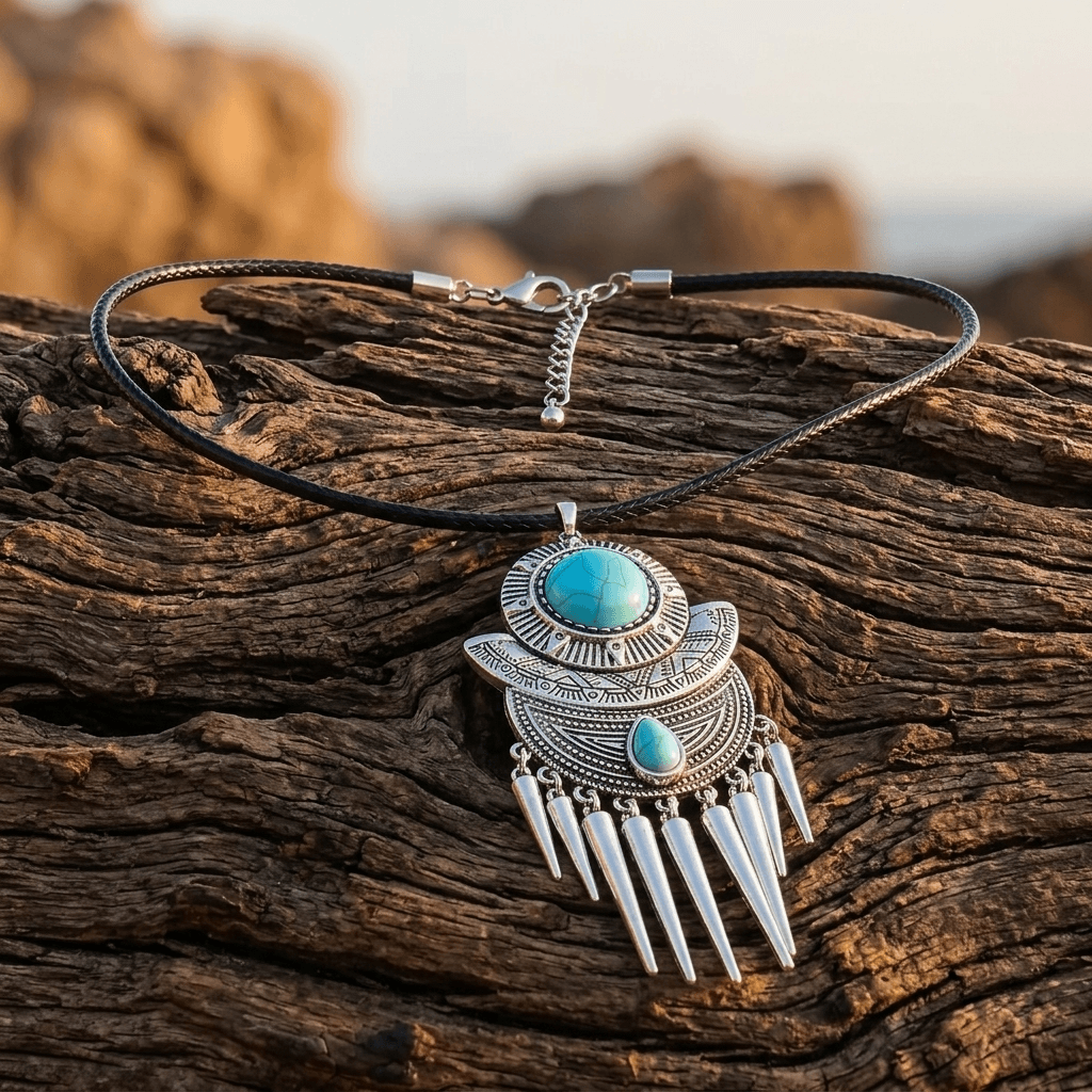 Bohemian Silver Turquoise Spike Tassel Necklace