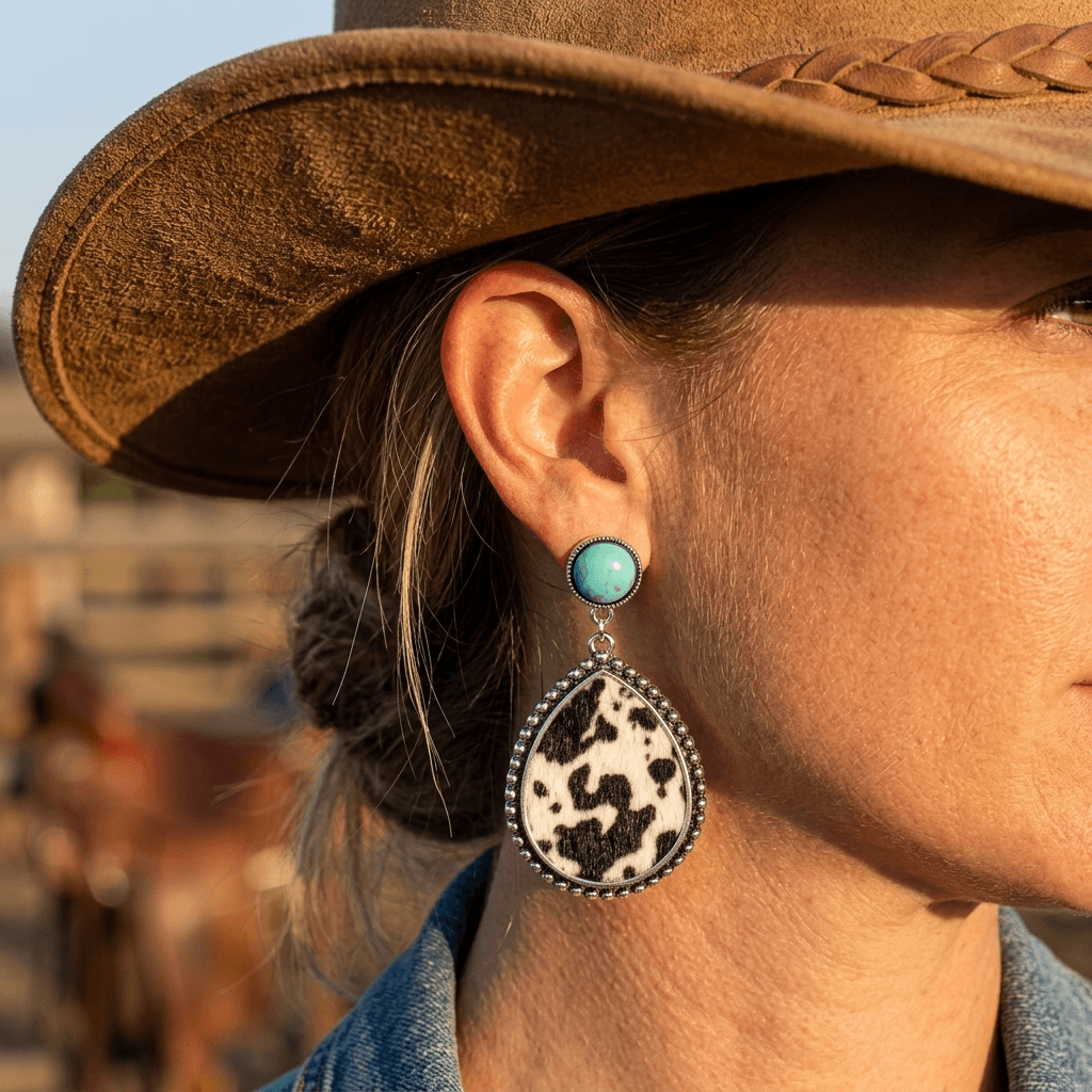 Western Turquoise Stone Cow Hide Dangle Earrings