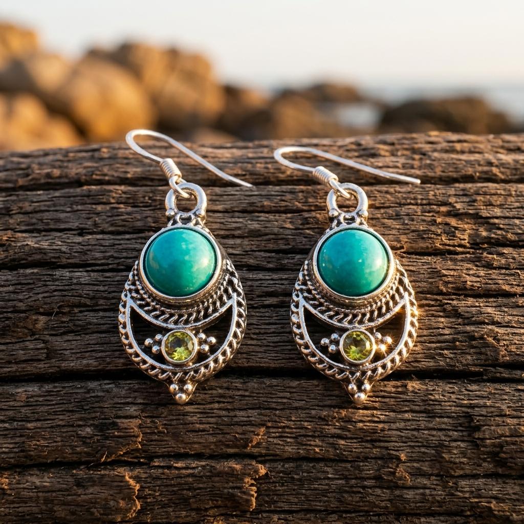 Boho Silver Turquoise Filigree Earrings